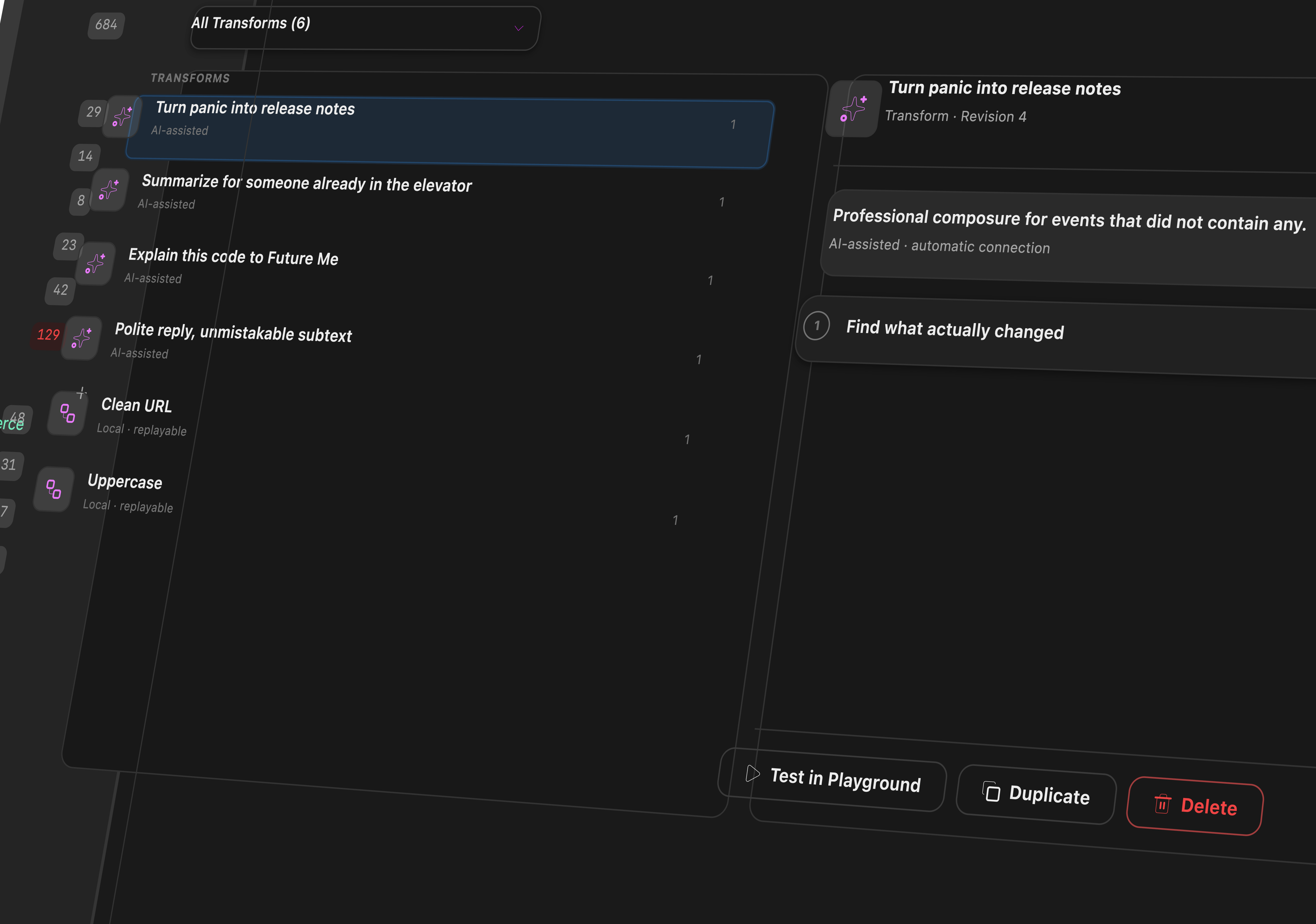 An exploded Pasted Transformations library showing reusable AI-assisted recipes, deterministic local transforms, and the selected semantic plan