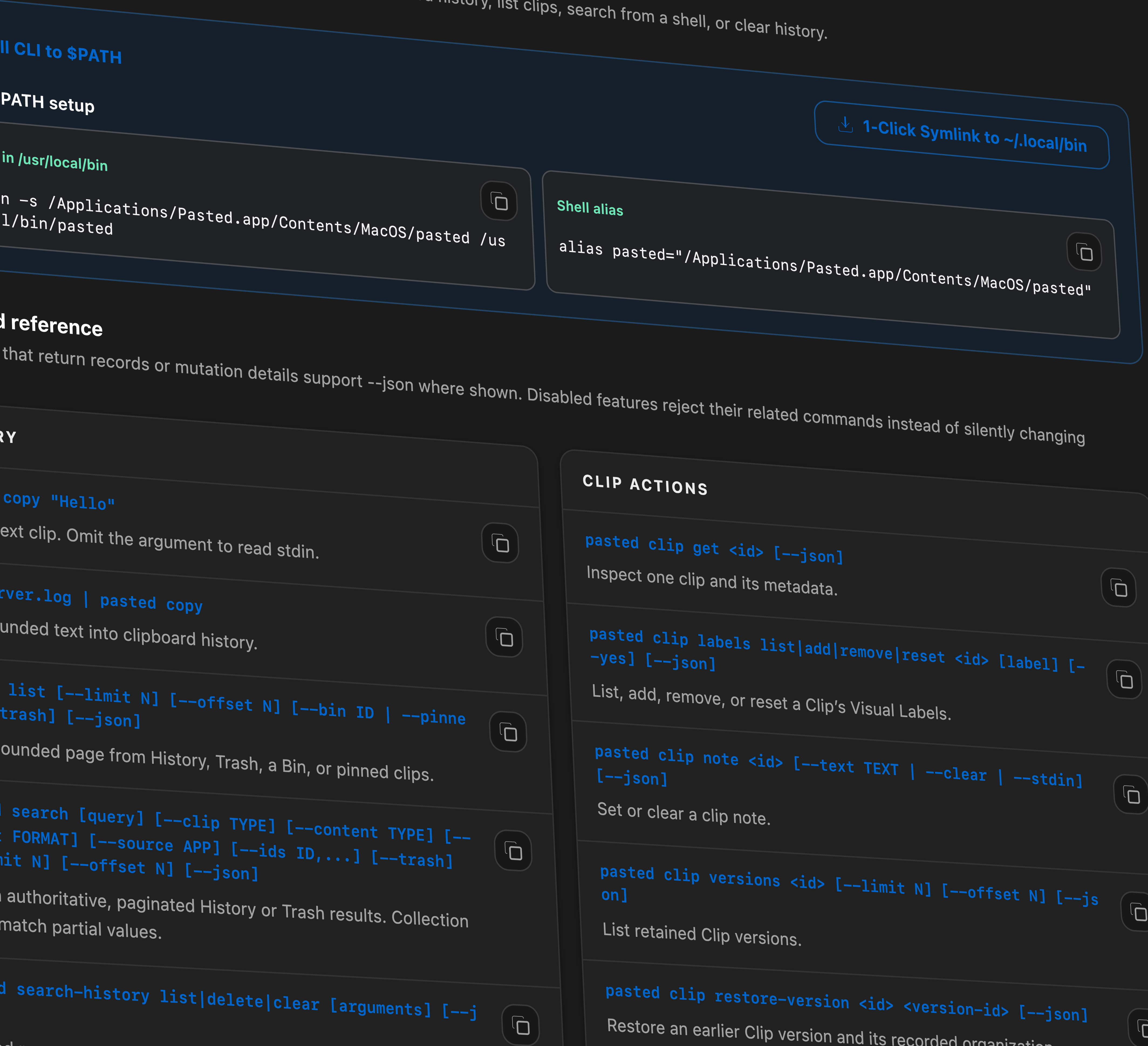 An abstract close-up of Pasted's built-in CLI reference showing installation, history, search, notes, and revision commands