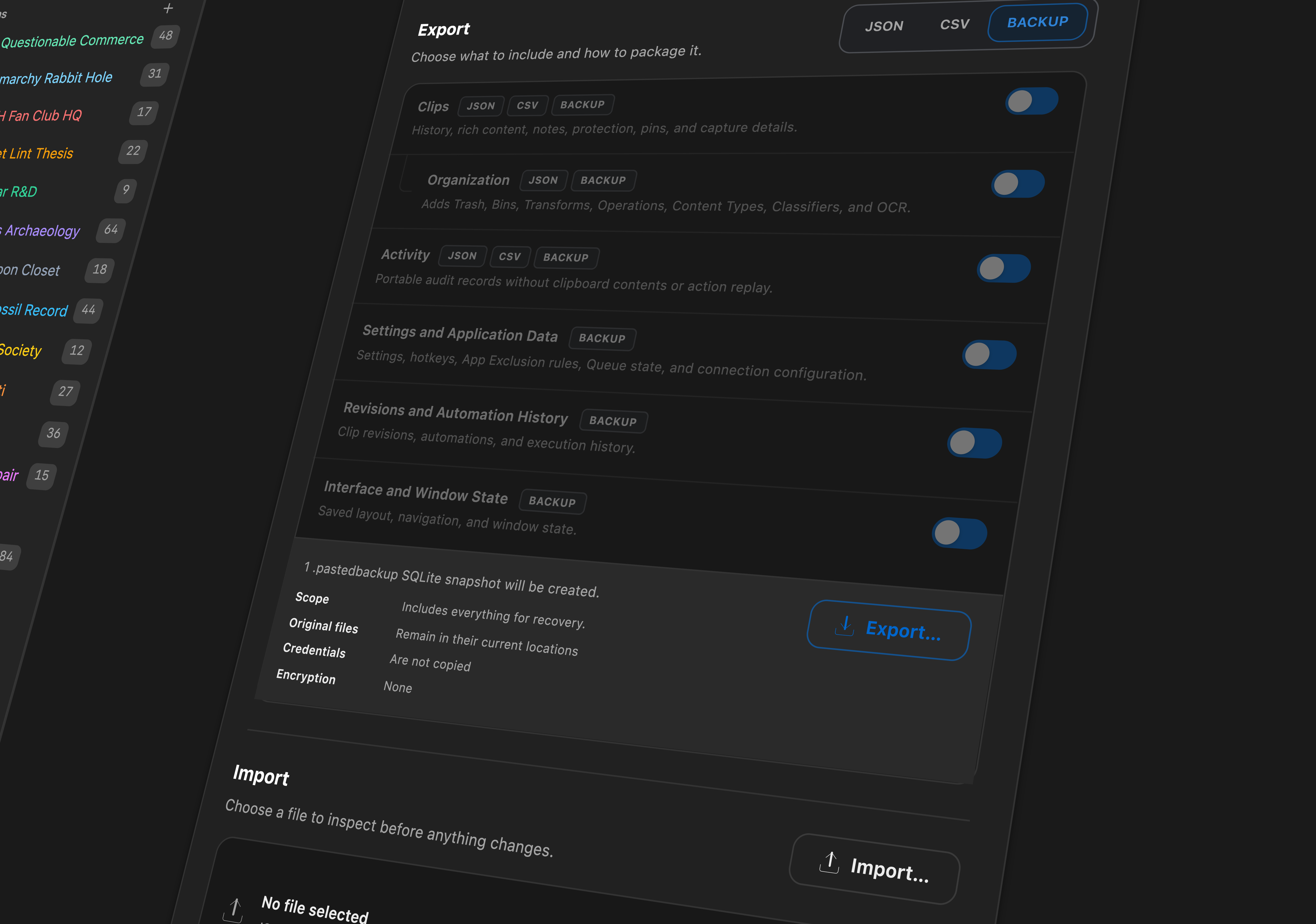 Pasted Full Backup controls showing everything included in a recovery-ready snapshot and the adjacent import workflow