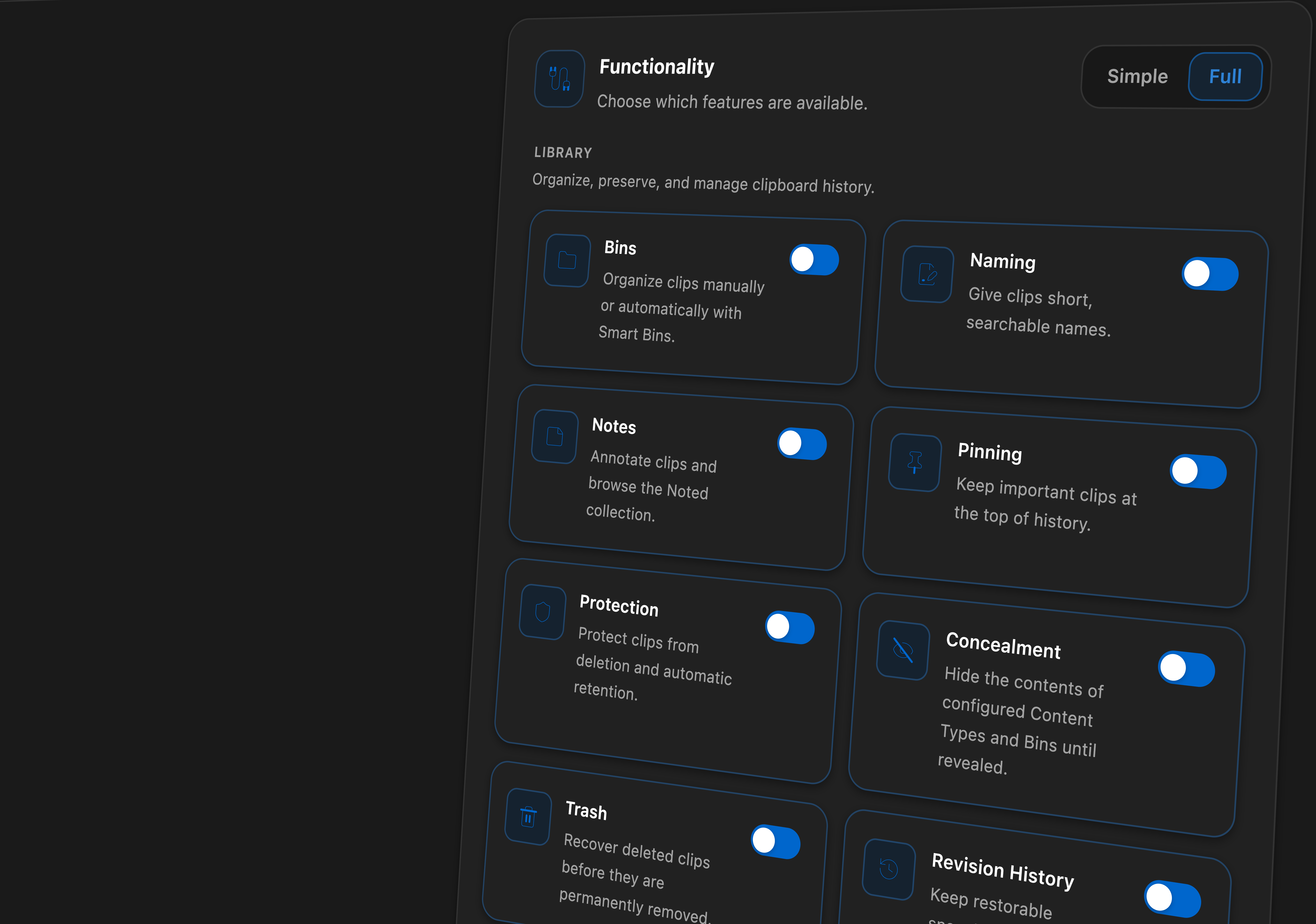 An exploded close-up of Pasted Functionality settings showing independently controlled Bins, Naming, Notes, Pinning, Protection, Concealment, Trash, and Revision History