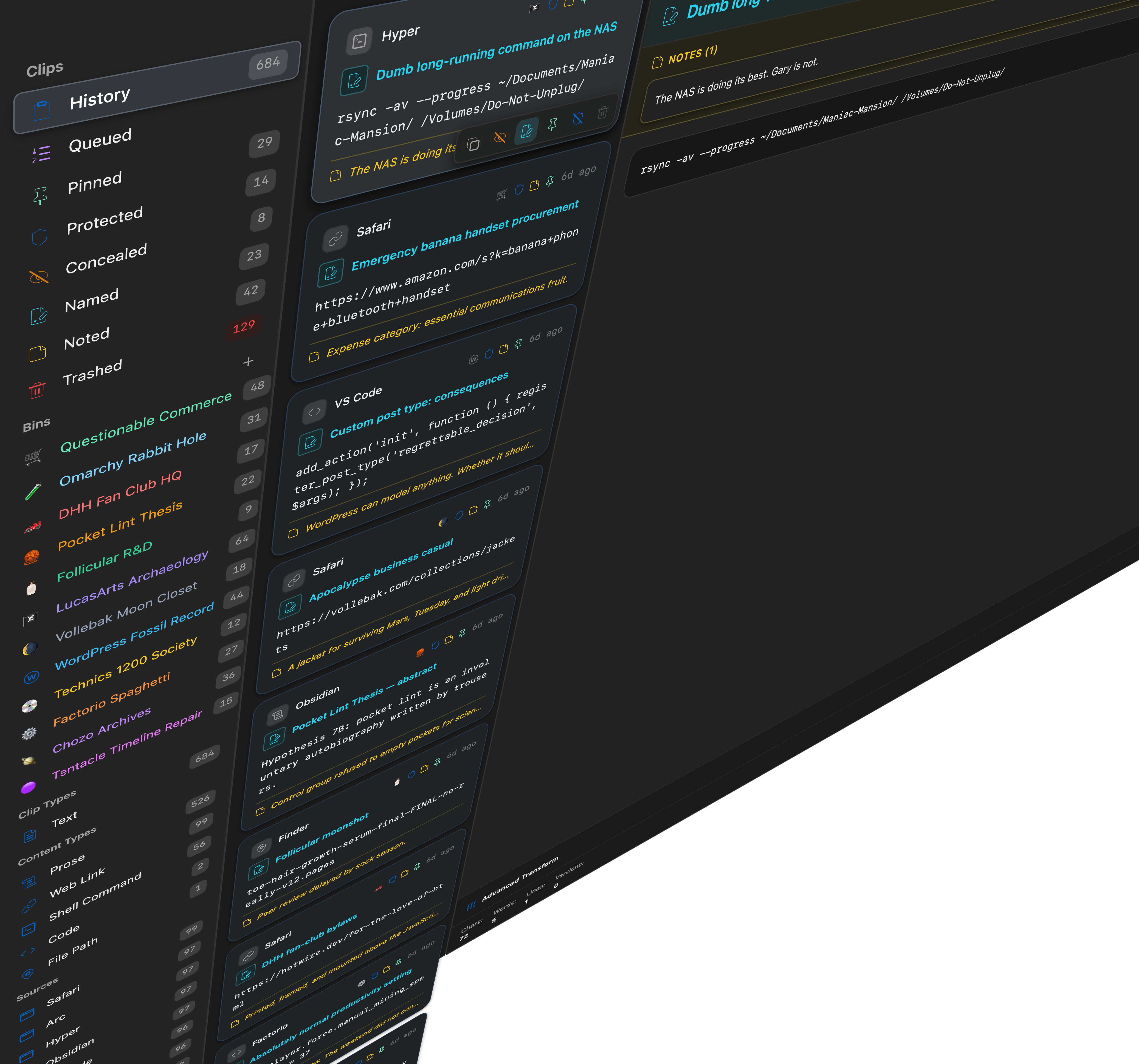 Pasted History showing hundreds of clips and a selected command with its attached note