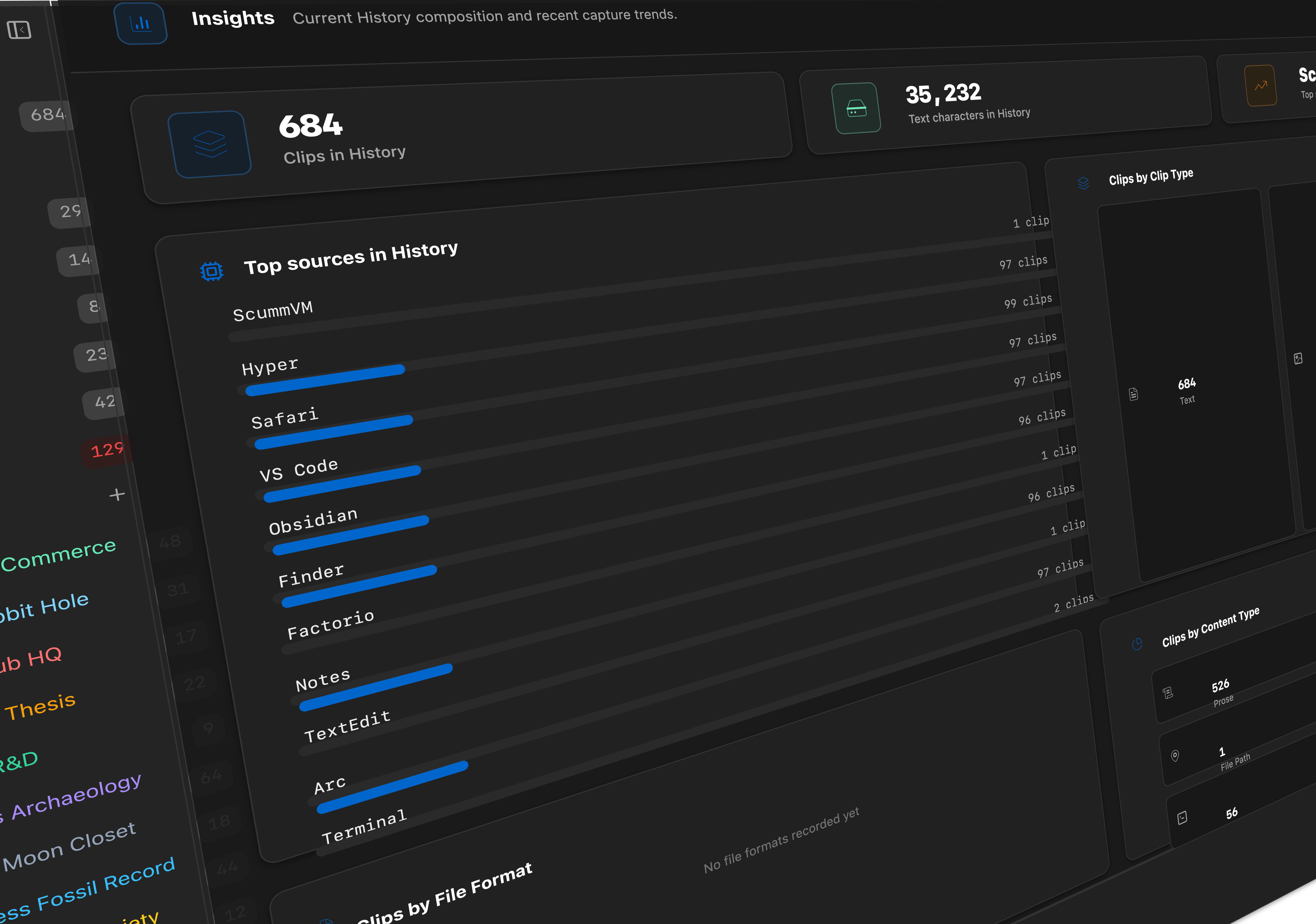 An exploded Pasted Insights dashboard showing 684 clips, source composition, Content Types, and library statistics