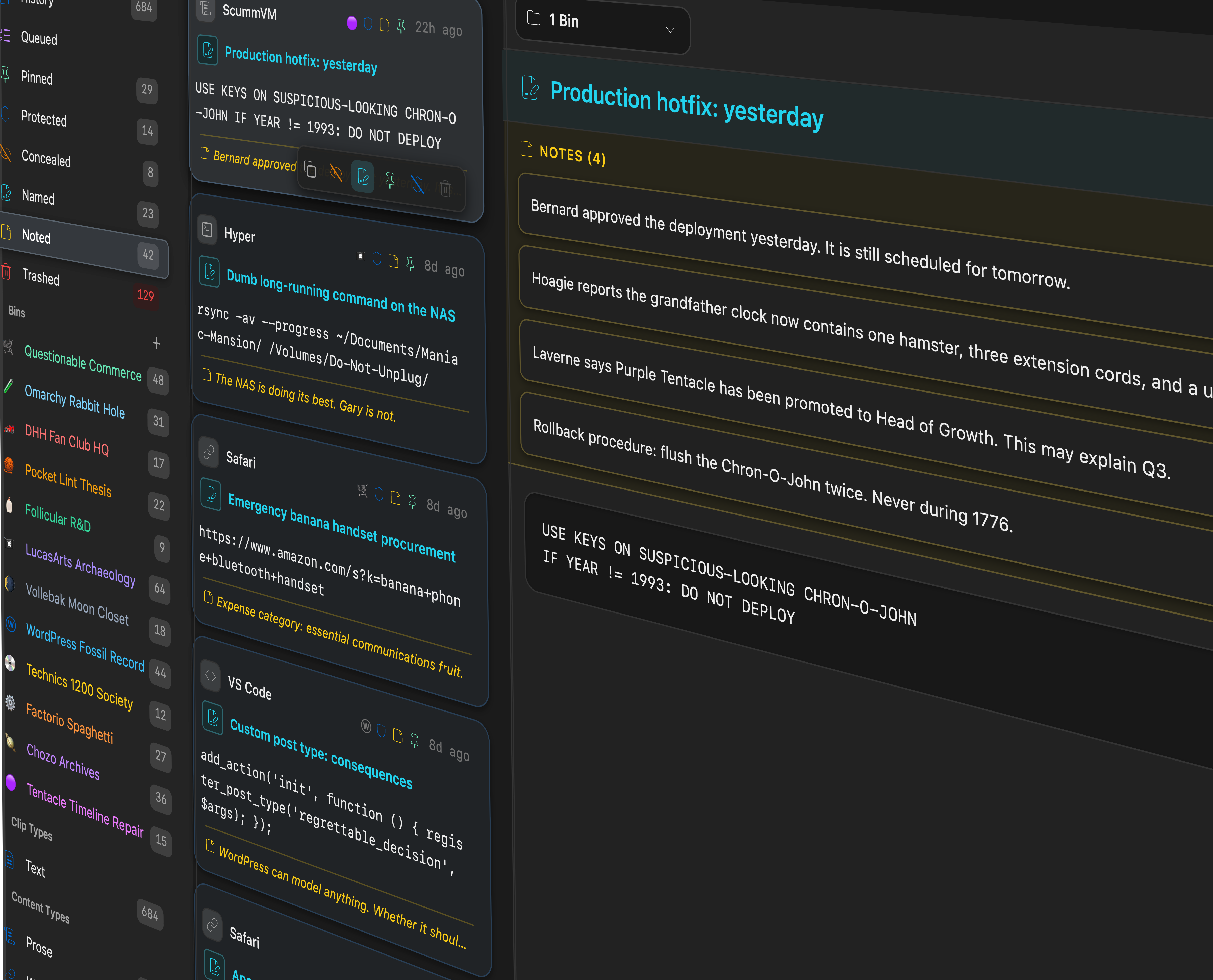 Pasted showing four notes attached to a suspicious production hotfix from yesterday