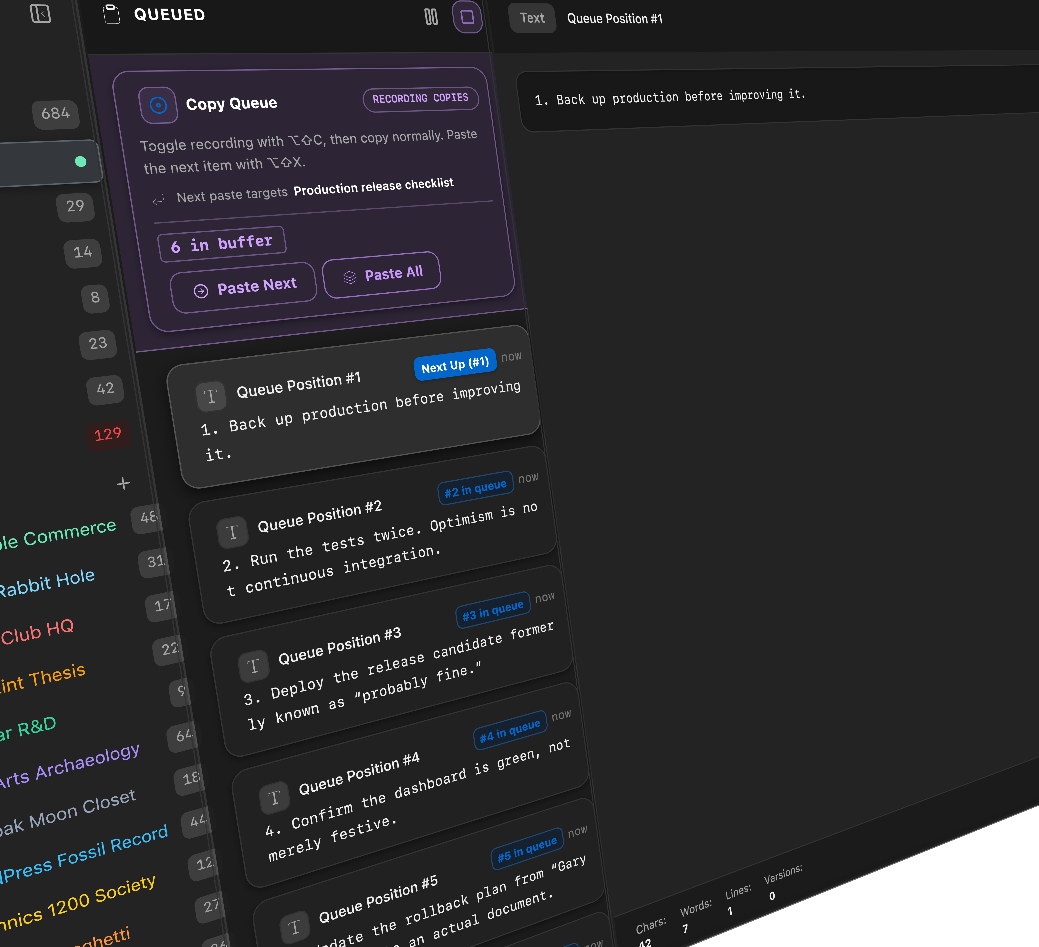An exploded close-up of Pasted showing an active six-item Copy Queue and its next paste target