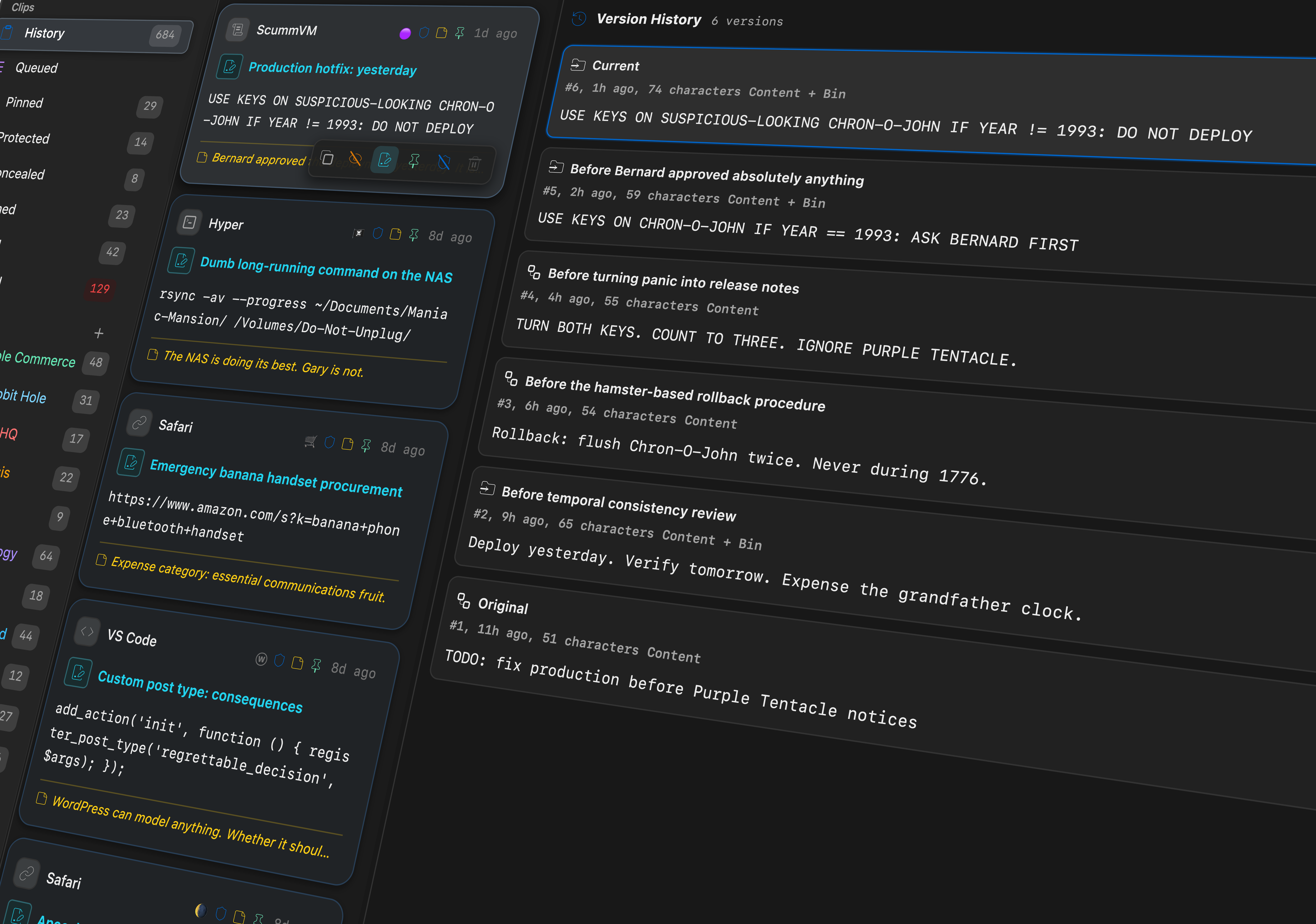 An exploded view of Pasted showing six restorable versions of a suspicious production hotfix